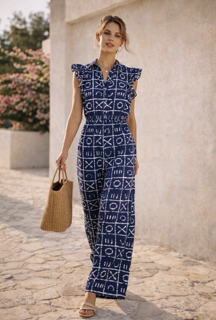 Busayo Collective Indigo Print Jumpsuit African Batik Wide Leg Elastic Waist 4